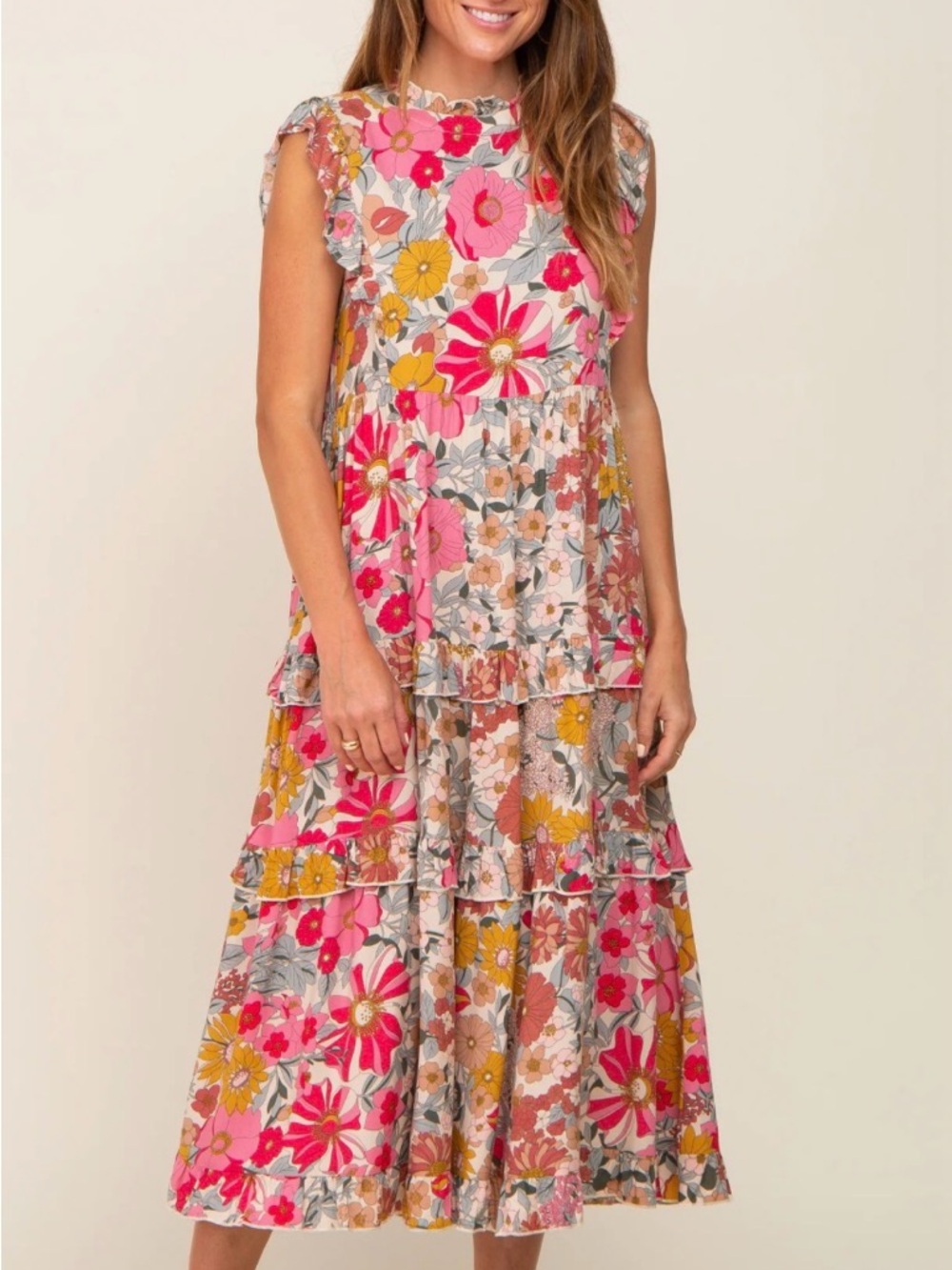 JODIFL Pink, Mustard & Cream Floral Tiered Midi Dress